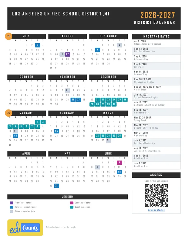 Los Angeles Unified School District printable 2026-27 calendar