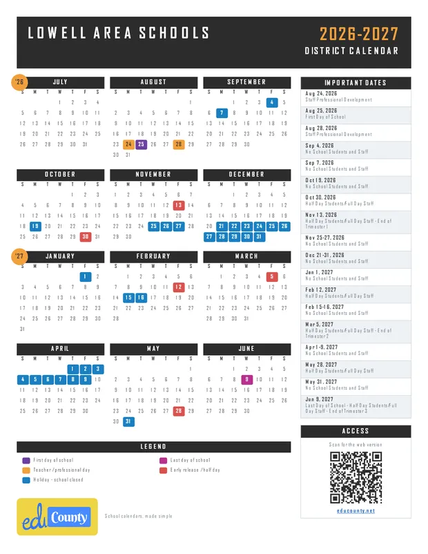 Lowell Area Schools printable 2026-27 calendar
