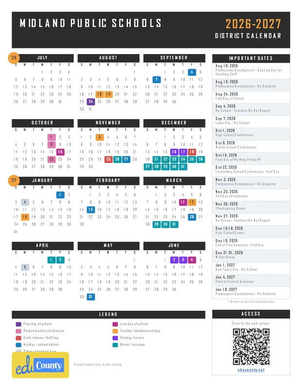 Midland Public Schools printable 2026-27 calendar