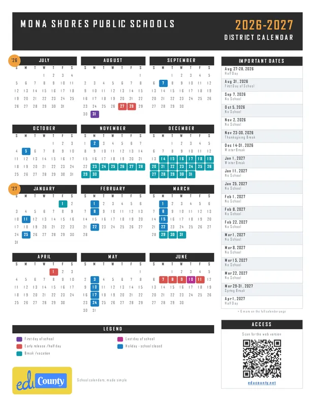 Mona Shores Public Schools printable 2026-27 calendar