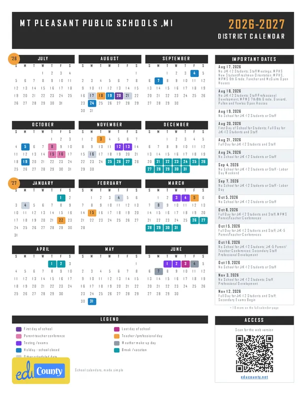 Mt Pleasant Public Schools printable 2026-27 calendar
