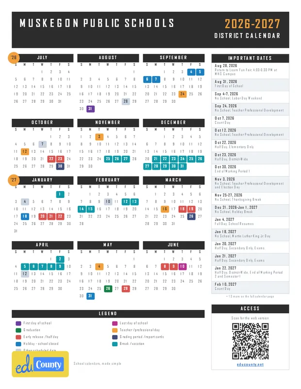 Muskegon Public Schools printable 2026-27 calendar
