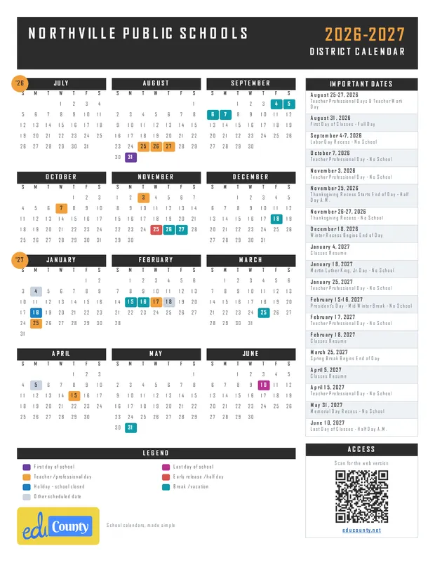 Northville Public Schools printable 2026-27 calendar