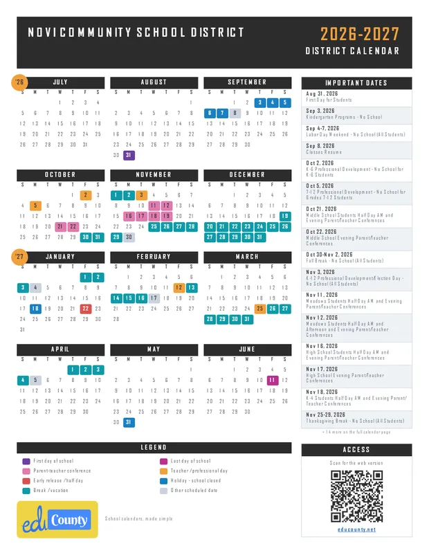 Novi Community School District printable 2026-27 calendar