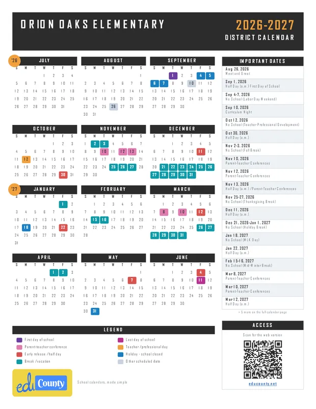 Orion Oaks Elementary printable 2026-27 calendar