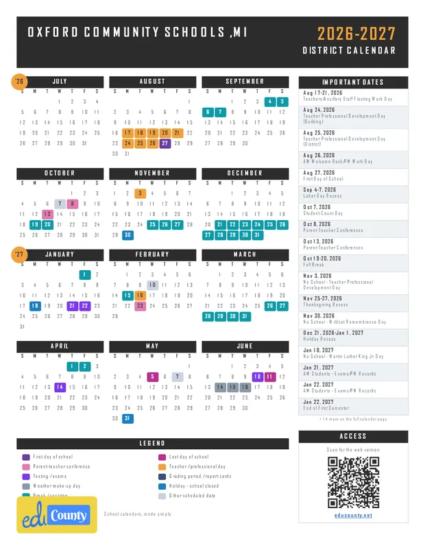 OXFORD COMMUNITY SCHOOLS printable 2026-27 calendar