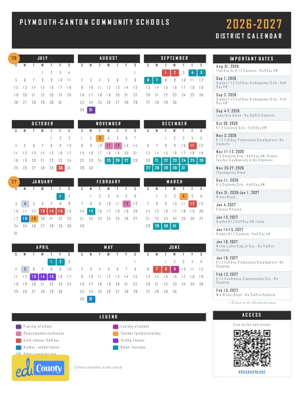 Plymouth-Canton Community Schools printable 2026-27 calendar