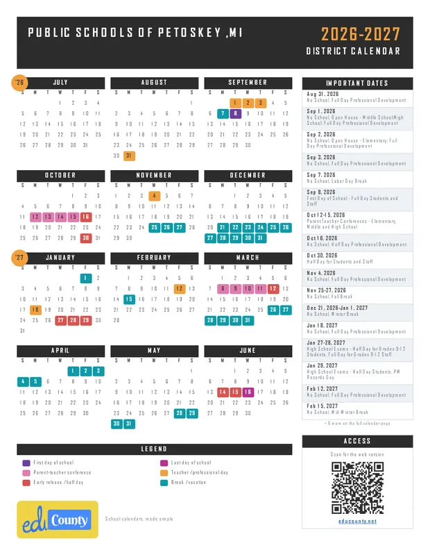 Public Schools of Petoskey printable 2026-27 calendar