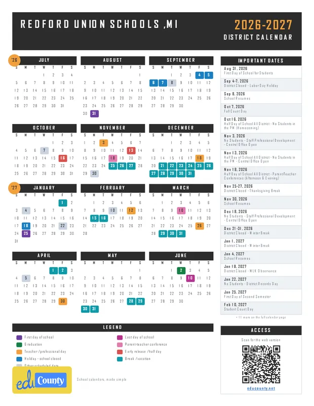Redford Union Schools printable 2026-27 calendar
