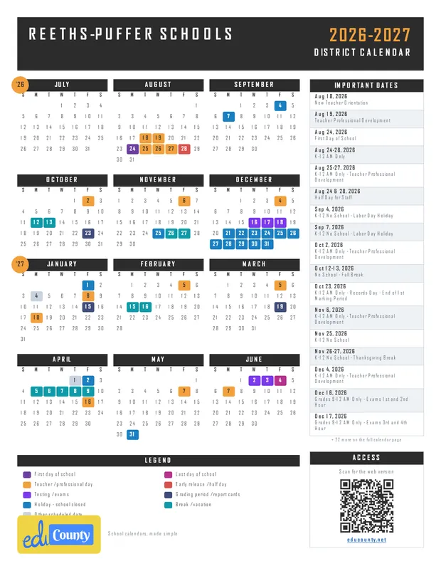 REETHS-PUFFER SCHOOLS printable 2026-27 calendar