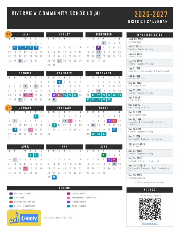 Riverview Community Schools printable 2026-27 calendar