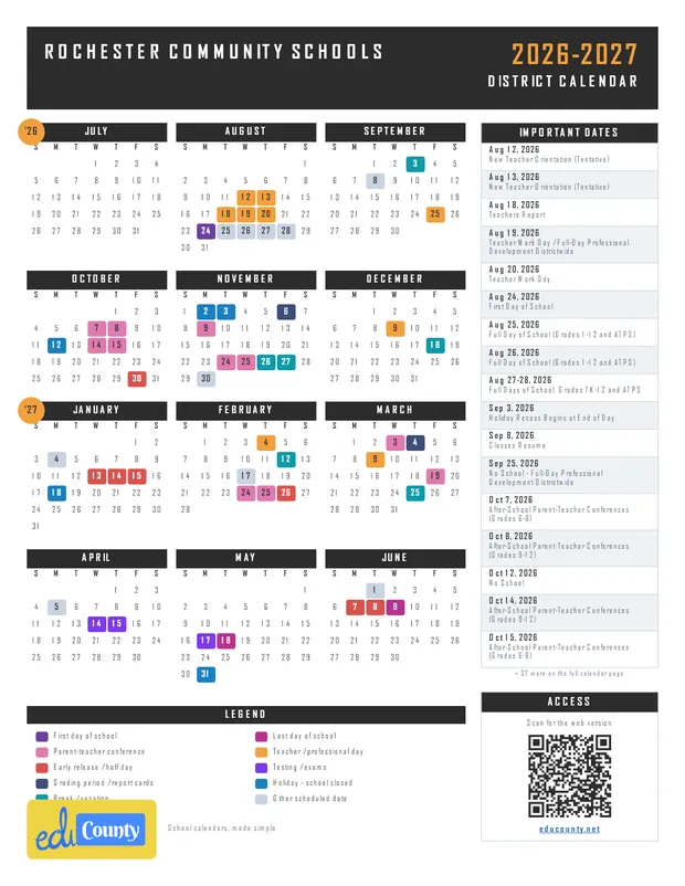 Rochester Community Schools printable 2026-27 calendar