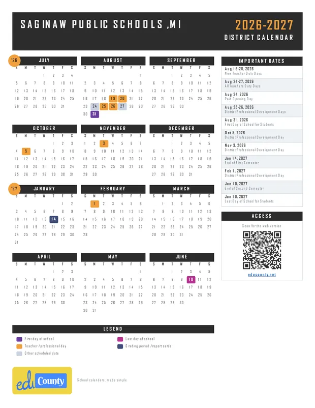 Saginaw Public Schools printable 2026-27 calendar