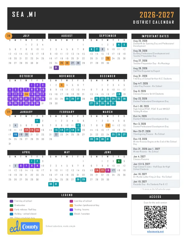 SEA printable 2026-27 calendar