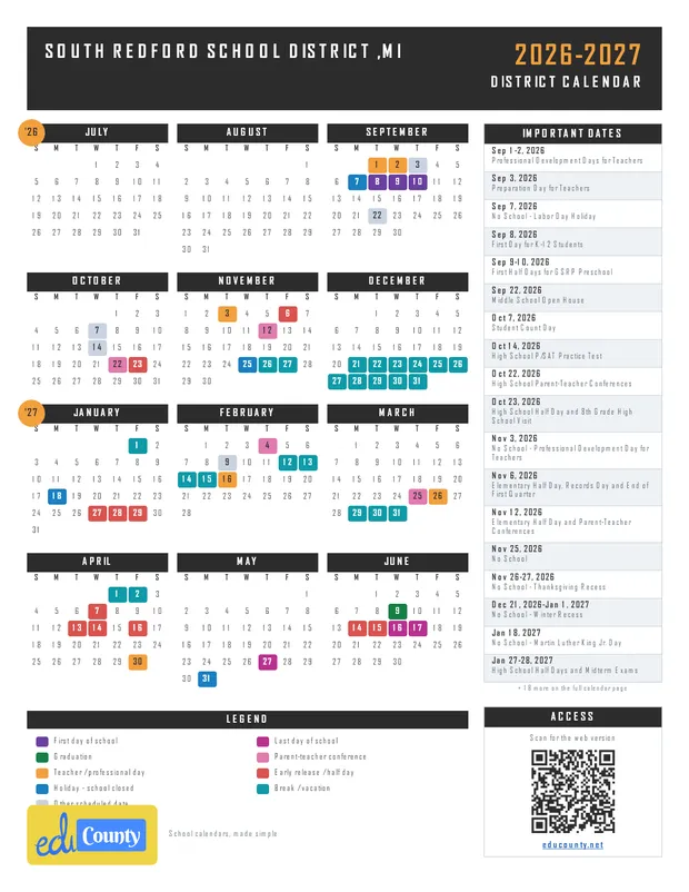 South Redford School District printable 2026-27 calendar