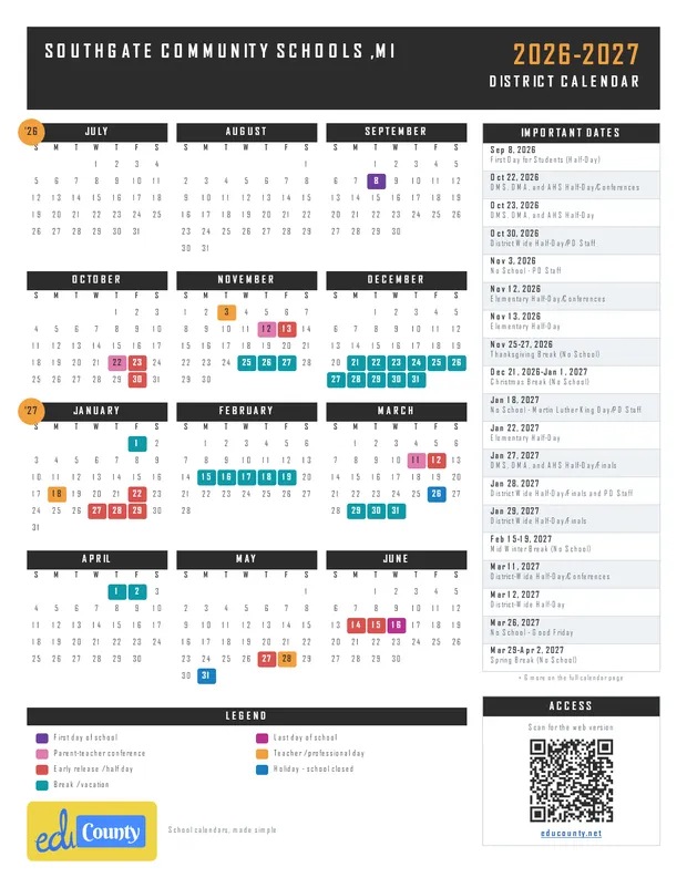 Southgate Community Schools printable 2026-27 calendar