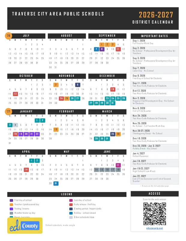 Traverse City Area Public Schools printable 2026-27 calendar