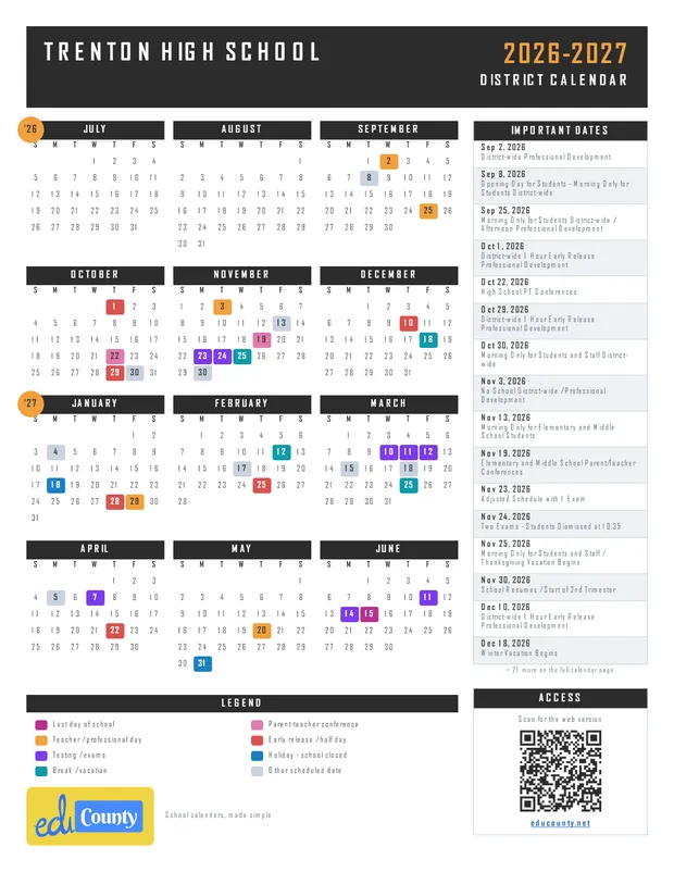 Trenton High School printable 2026-27 calendar