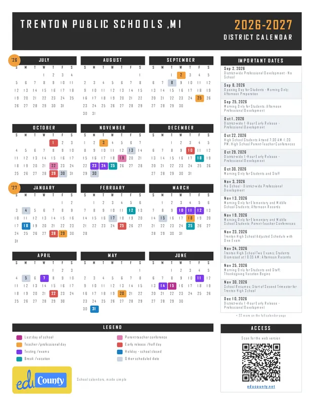 Trenton Public Schools printable 2026-27 calendar
