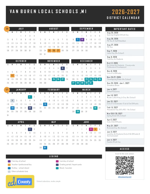 Van Buren Local Schools printable 2026-27 calendar