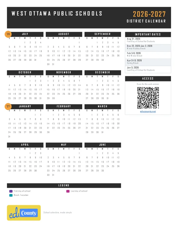 West Ottawa Public Schools 25-26 printable 2026-27 calendar