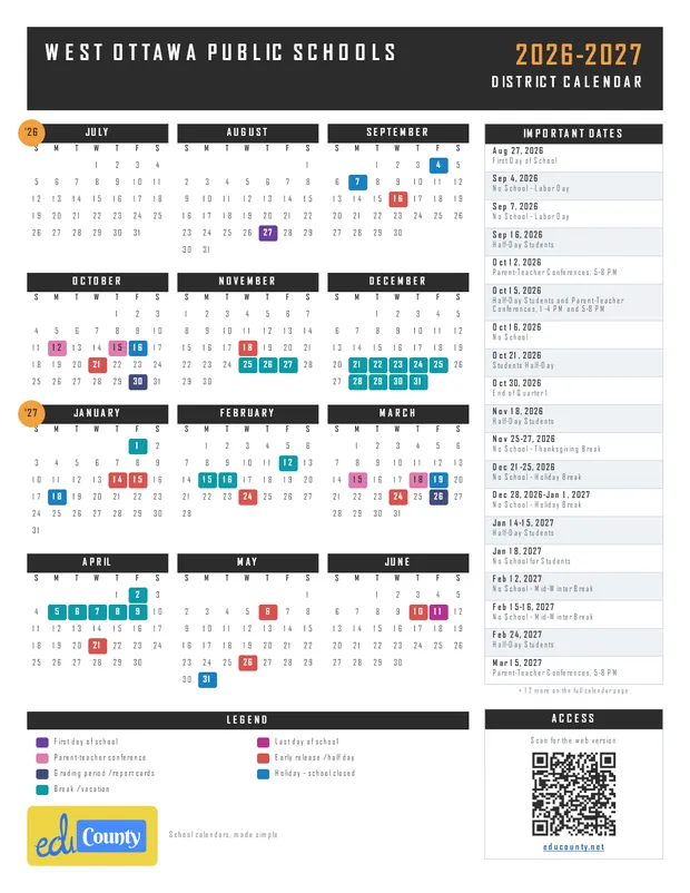 West Ottawa Public Schools printable 2026-27 calendar