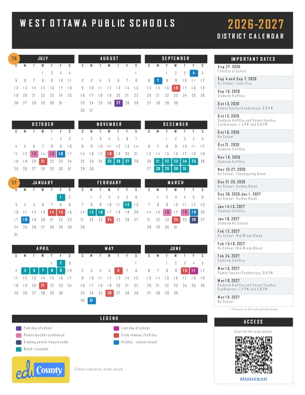 West Ottawa Public Schools printable 2026-27 calendar
