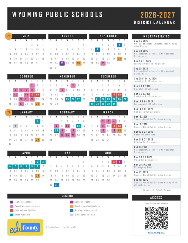 Wyoming Public Schools printable 2026-27 calendar