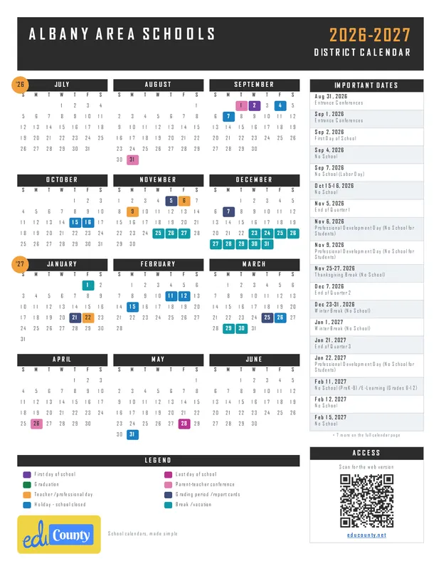 Albany Area Schools printable 2026-27 calendar
