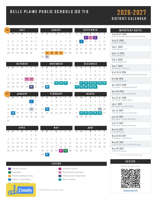 Belle Plaine Public Schools isd 716 printable 2026-27 calendar