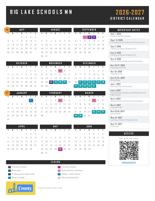 Big Lake Schools printable 2026-27 calendar