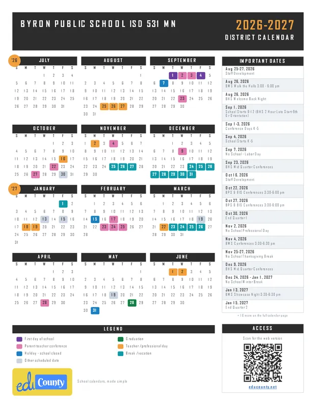 Byron Public School ISD 531 printable 2026-27 calendar