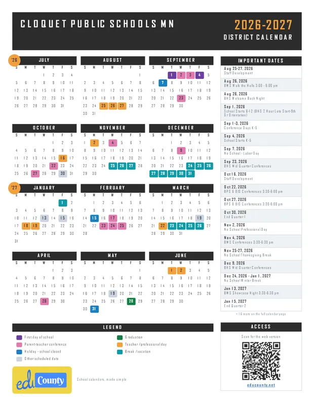 Cloquet Public Schools printable 2026-27 calendar