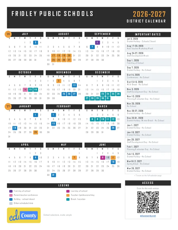 Fridley Public Schools printable 2026-27 calendar
