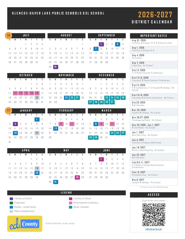 Glencoe-Silver Lake Public Schools GSL School printable 2026-27 calendar