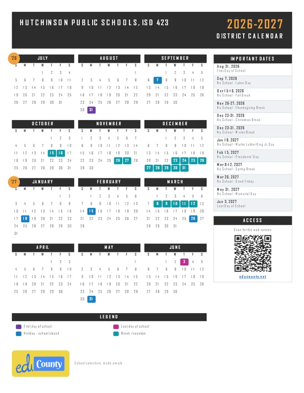 Hutchinson Public Schools, ISD 423 printable 2026-27 calendar