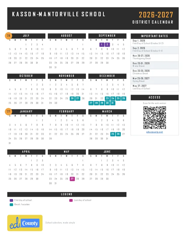 Kasson-Mantorville School printable 2026-27 calendar