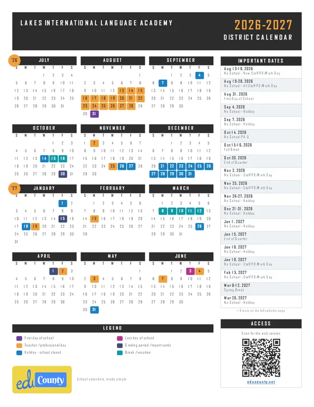 Lakes International Language Academy printable 2026-27 calendar