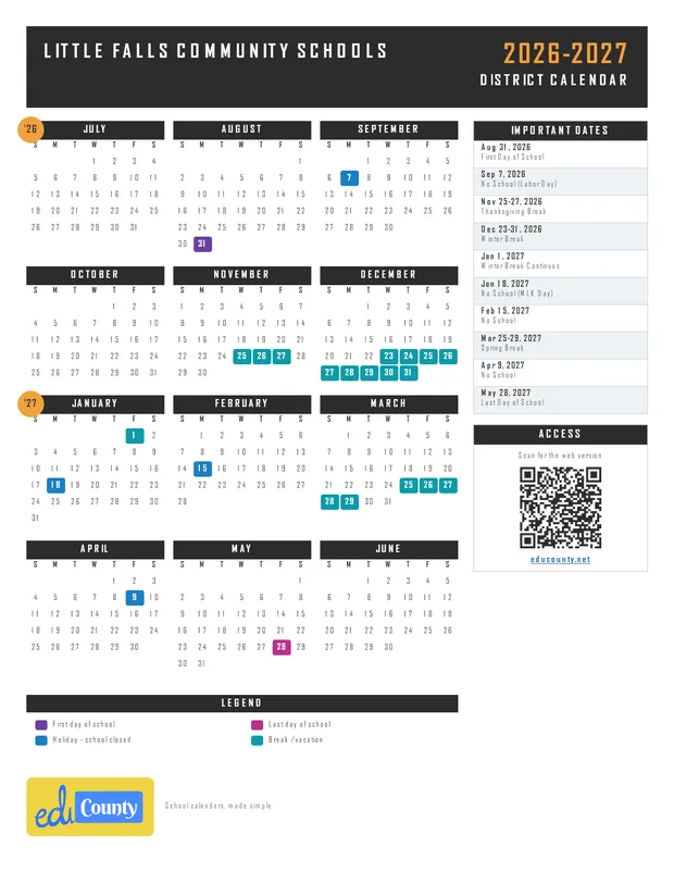 Little Falls Community Schools printable 2026-27 calendar