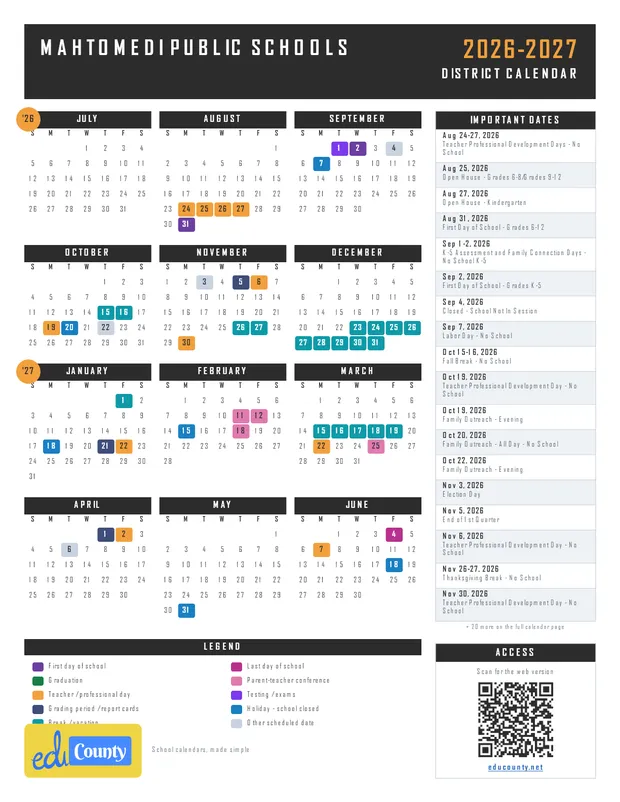 Mahtomedi Public Schools printable 2026-27 calendar
