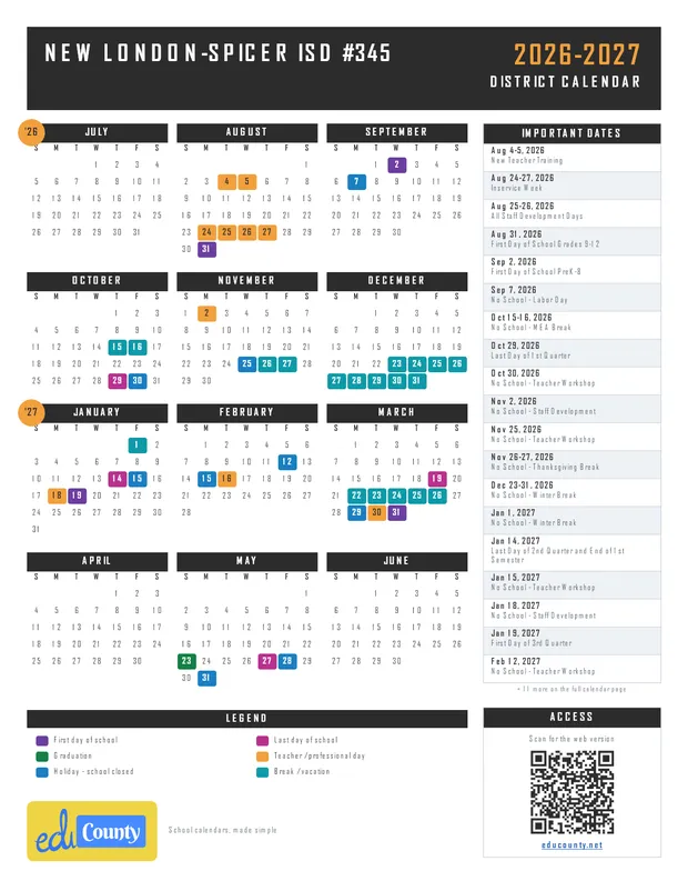New London-Spicer isd #345 printable 2026-27 calendar