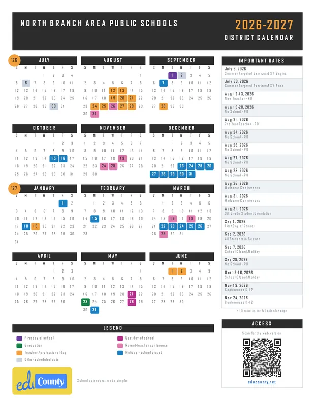 North Branch Area Public Schools printable 2026-27 calendar