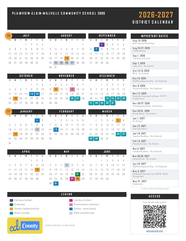 Plainview-Elgin-Millville Community School 2899 printable 2026-27 calendar