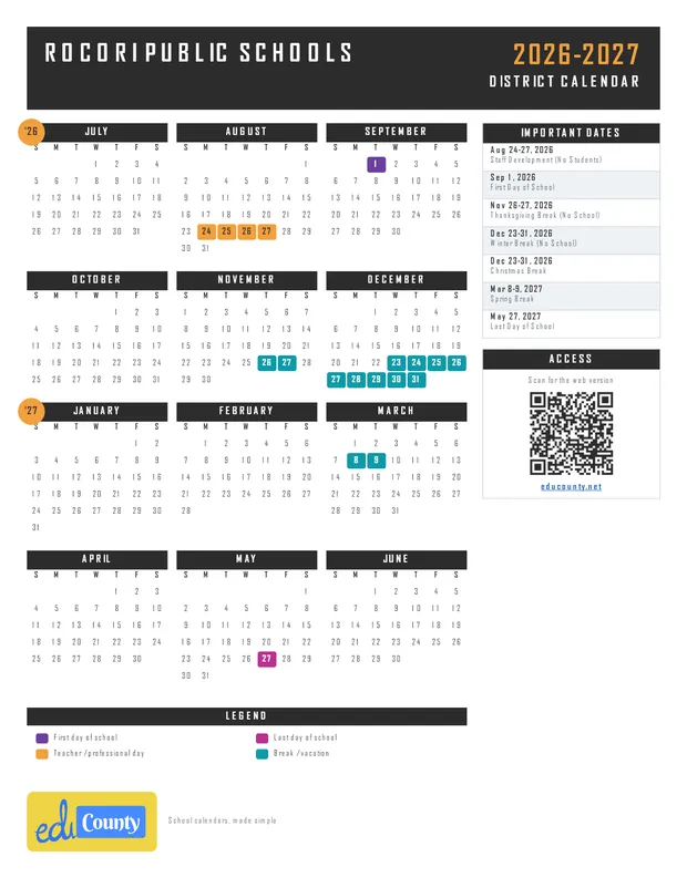 ROCORI Public Schools printable 2026-27 calendar