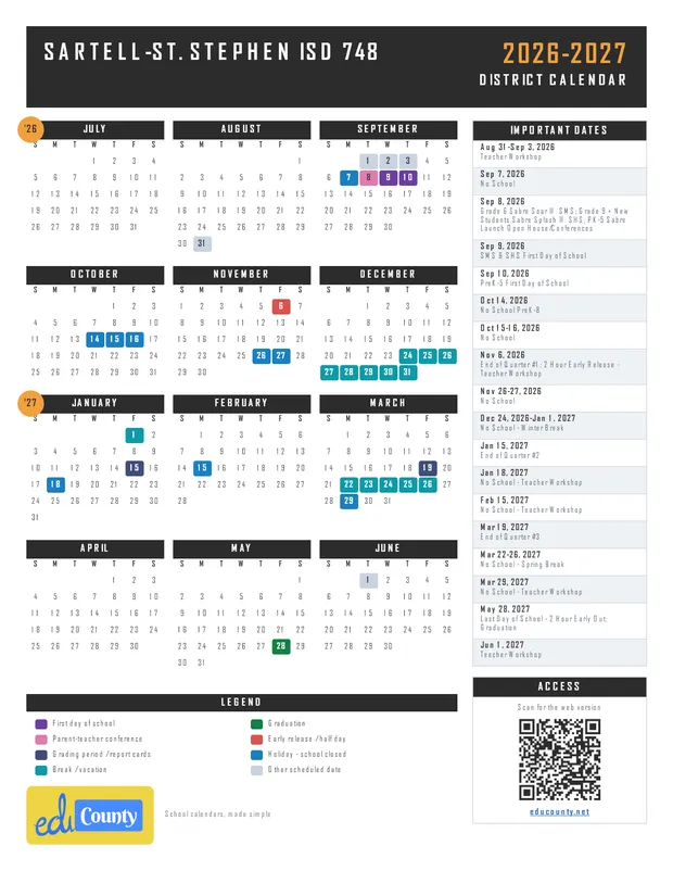 Sartell-St. Stephen ISD 748 printable 2026-27 calendar