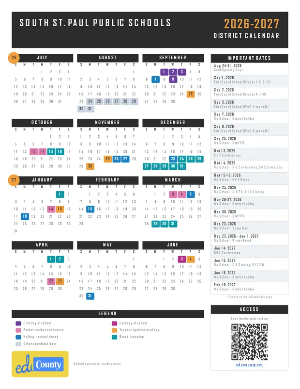 South St. Paul Public Schools printable 2026-27 calendar