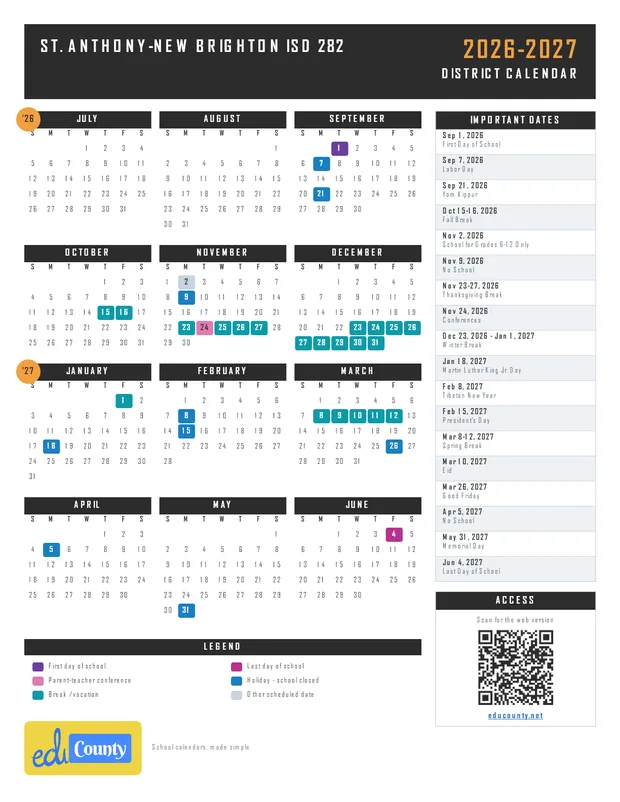 St. Anthony-New Brighton Isd 282 printable 2026-27 calendar