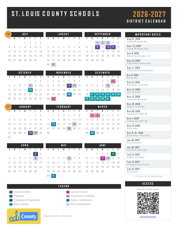 St. Louis County Schools printable 2026-27 calendar