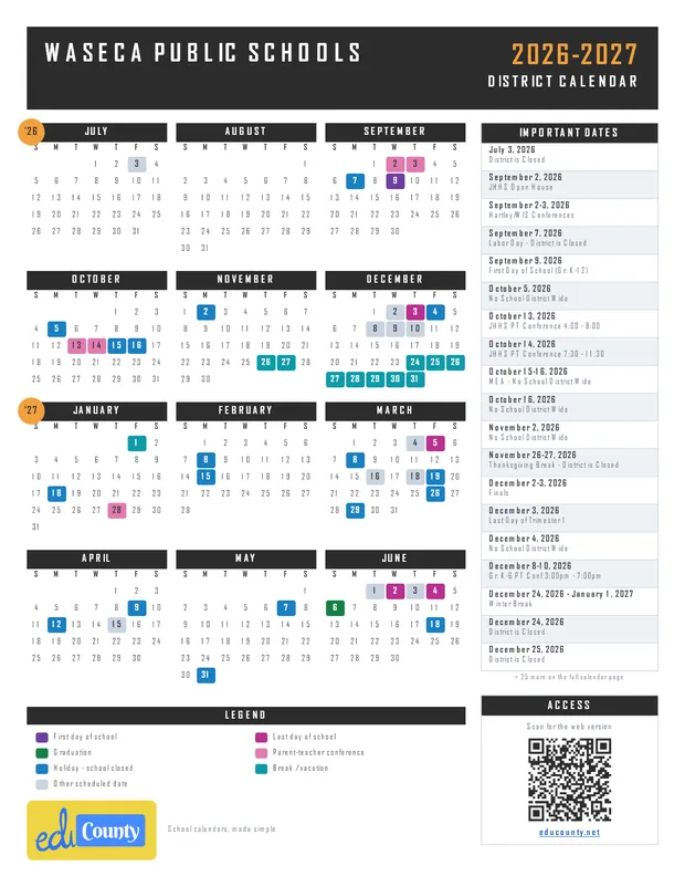 Waseca Public Schools printable 2026-27 calendar