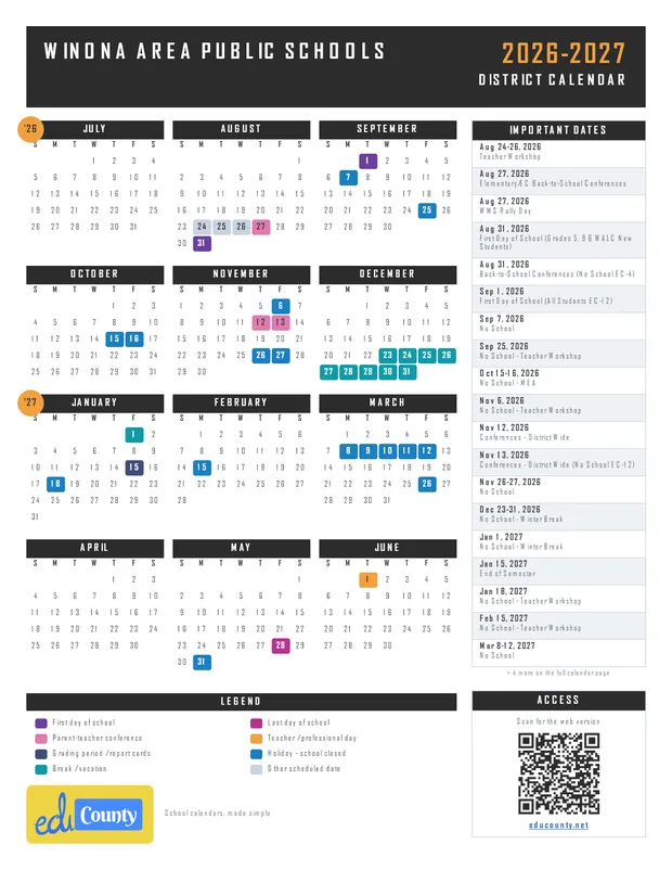 Winona Area Public Schools printable 2026-27 calendar